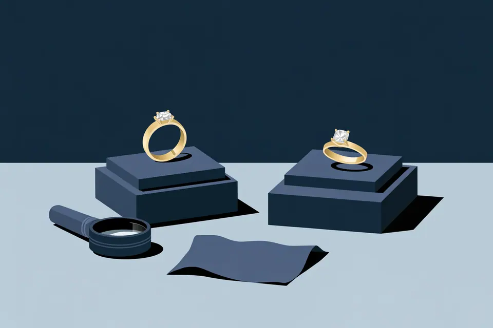 Stone-set rings on separate navy display blocks beside a magnifier and a polishing cloth.