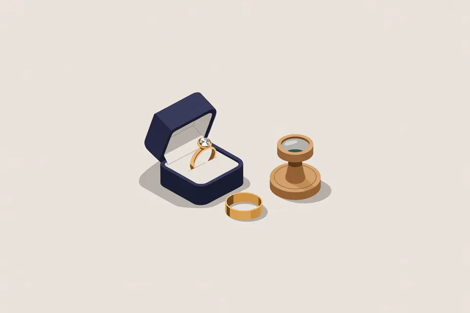 An open ring box, a plain gold-tone band and a magnifier on a pale surface.