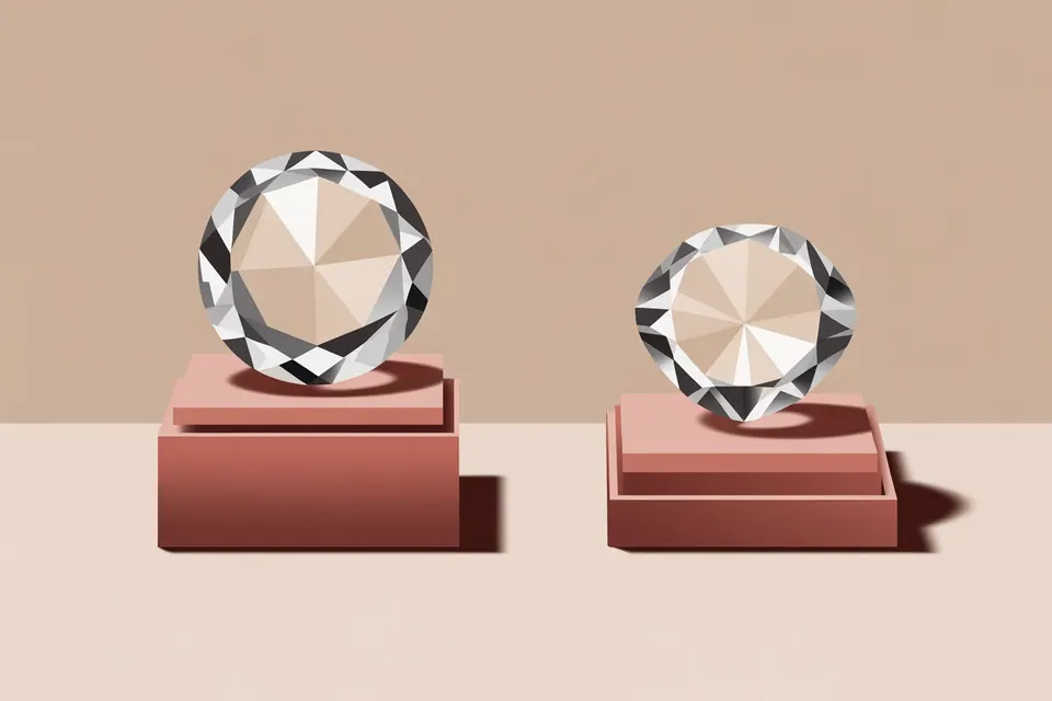 Round clear faceted stones displayed on separate rose-colored blocks.