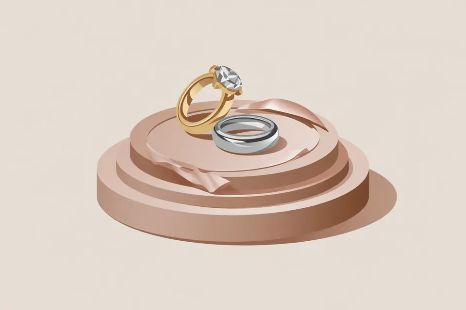 A gold-tone stone-set ring and a silver-tone band on a round tiered display.