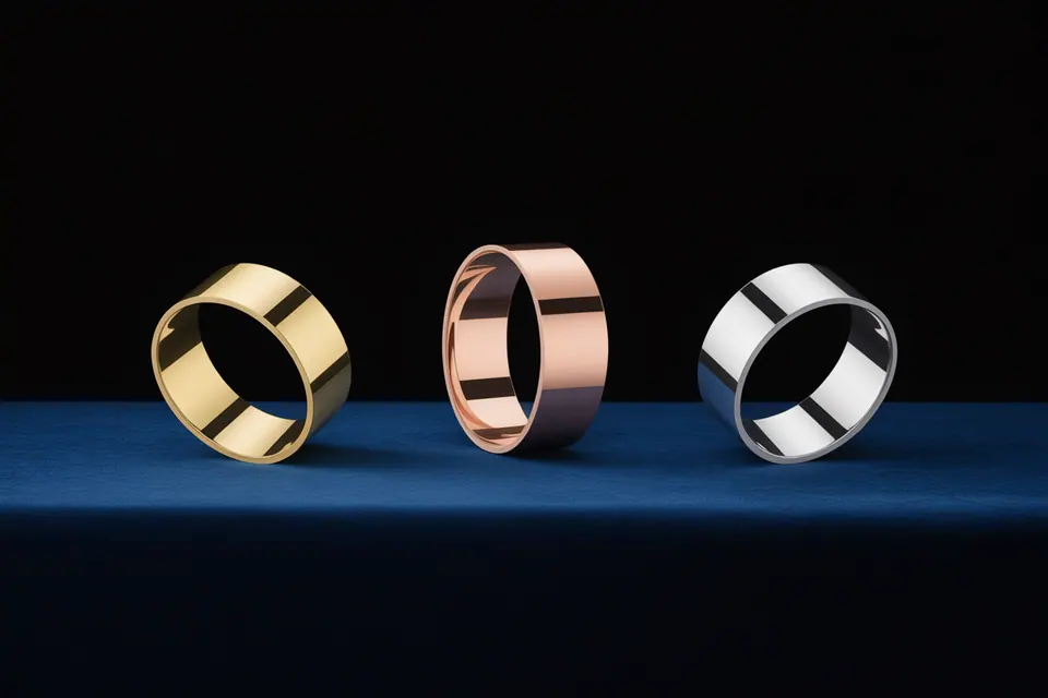 Plain bands in yellow-gold, rose-gold and silver tones on a blue surface.