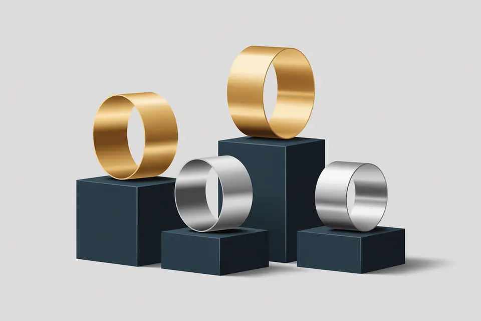Gold-tone and silver-tone bands of different widths on navy display blocks.