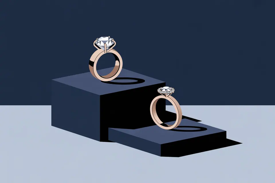 A solitaire ring and a ring with small stones around its center on navy display blocks.