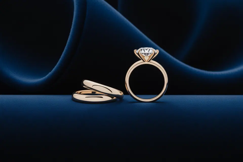 A stone-set ring beside stacked gold-tone bands on folded navy fabric.