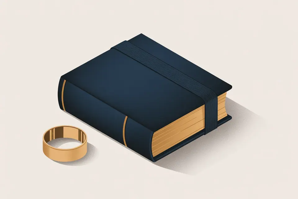 A closed navy notebook with an elastic band beside a plain gold-tone ring.