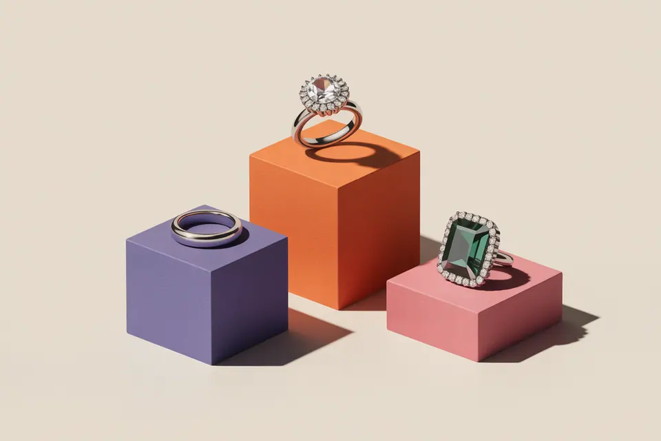 Rings with contrasting stone settings and colors on purple, orange and pink display blocks.