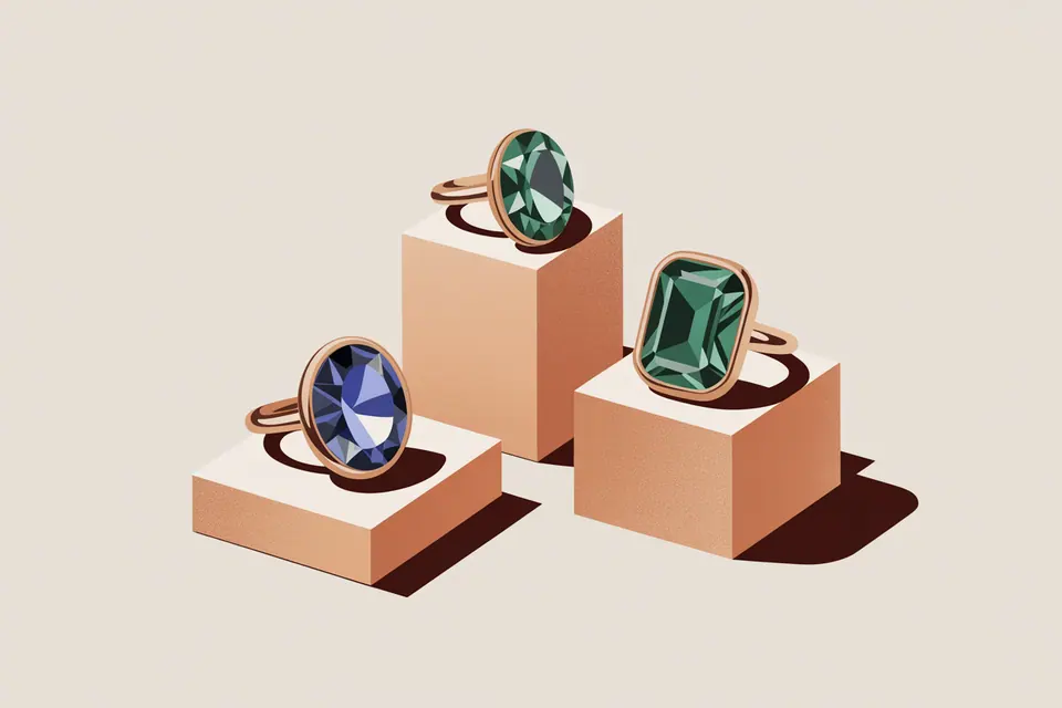 Rings with blue and green oval and rectangular stones on peach-colored display blocks.
