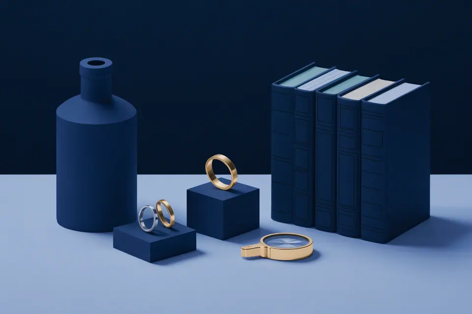 Gold-tone rings on small navy display blocks beside blue books and a blue bottle.